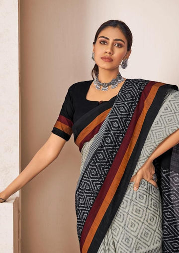 Handicraft Women's Ikat Hand Print Pure soft Cotton Saree With Blouse Piece