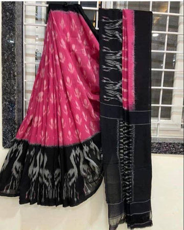 Handicraft Women's Ikat Hand Print Pure soft Cotton Saree With Blouse Piece