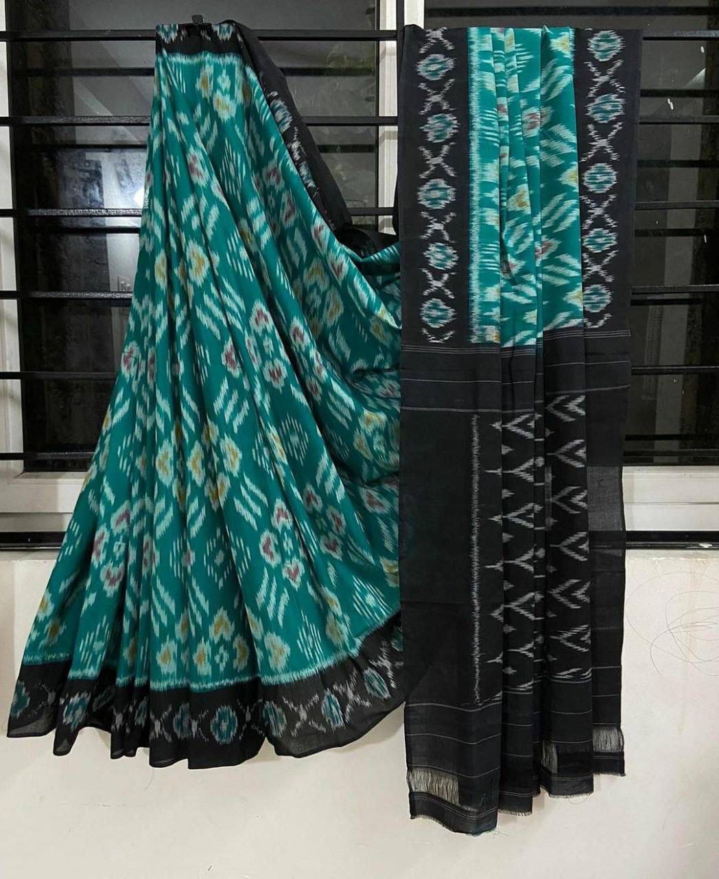 Handicraft Women's Ikat Hand Print Pure soft Cotton Saree With Blouse Piece