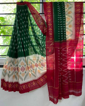 Handicraft Women's Ikat Hand Print Pure soft Cotton Saree With Blouse Piece