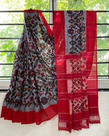 Handicraft Women's Ikat Hand Print Pure soft Cotton Saree With Blouse Piece