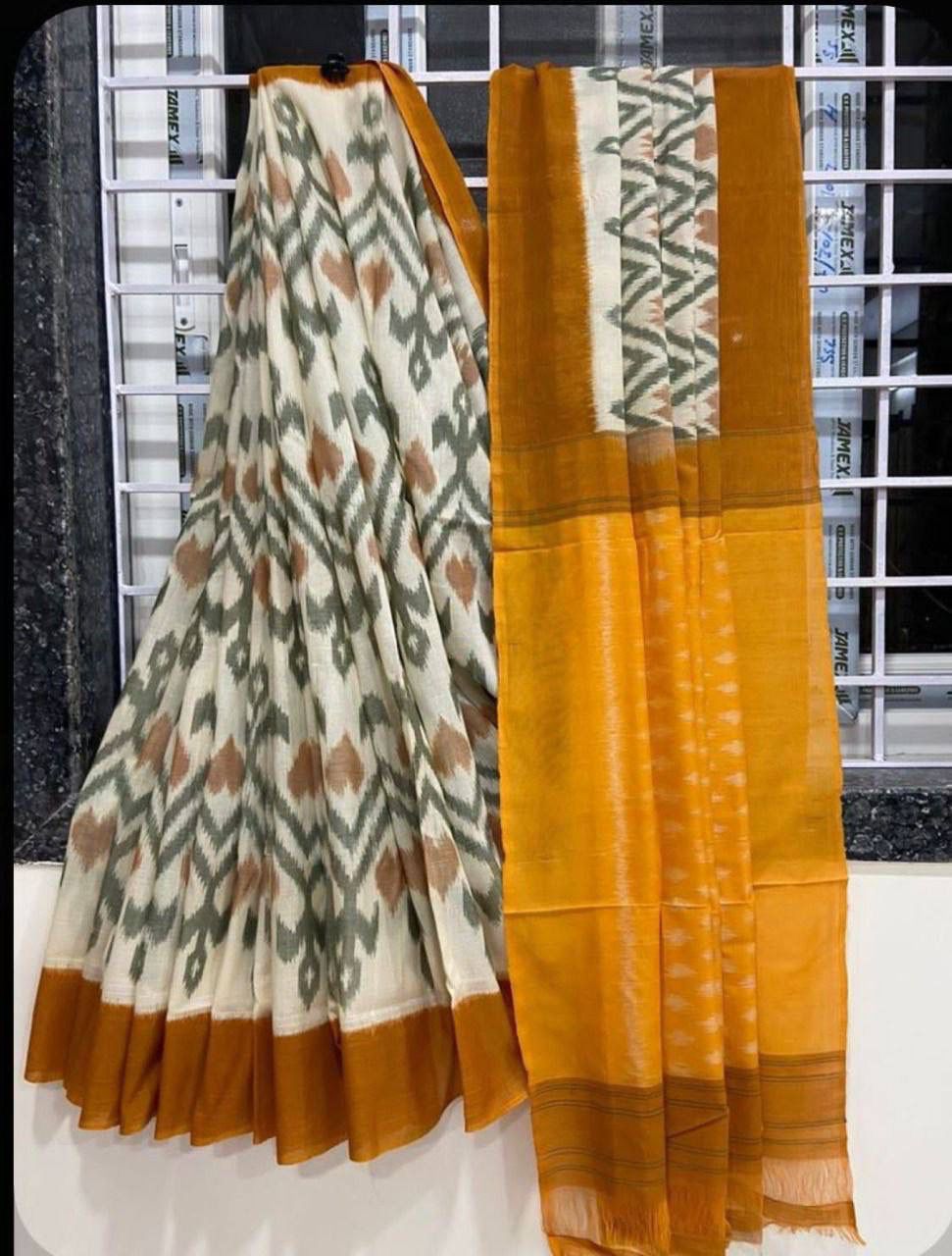 Handicraft Women's Ikat Hand Print Pure soft Cotton Saree With Blouse Piece