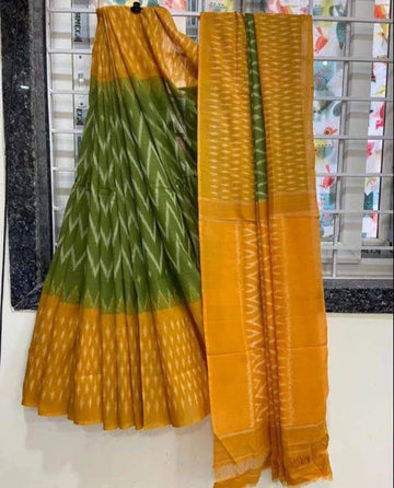 Handicraft Women's Ikat Hand Print Pure soft Cotton Saree With Blouse Piece